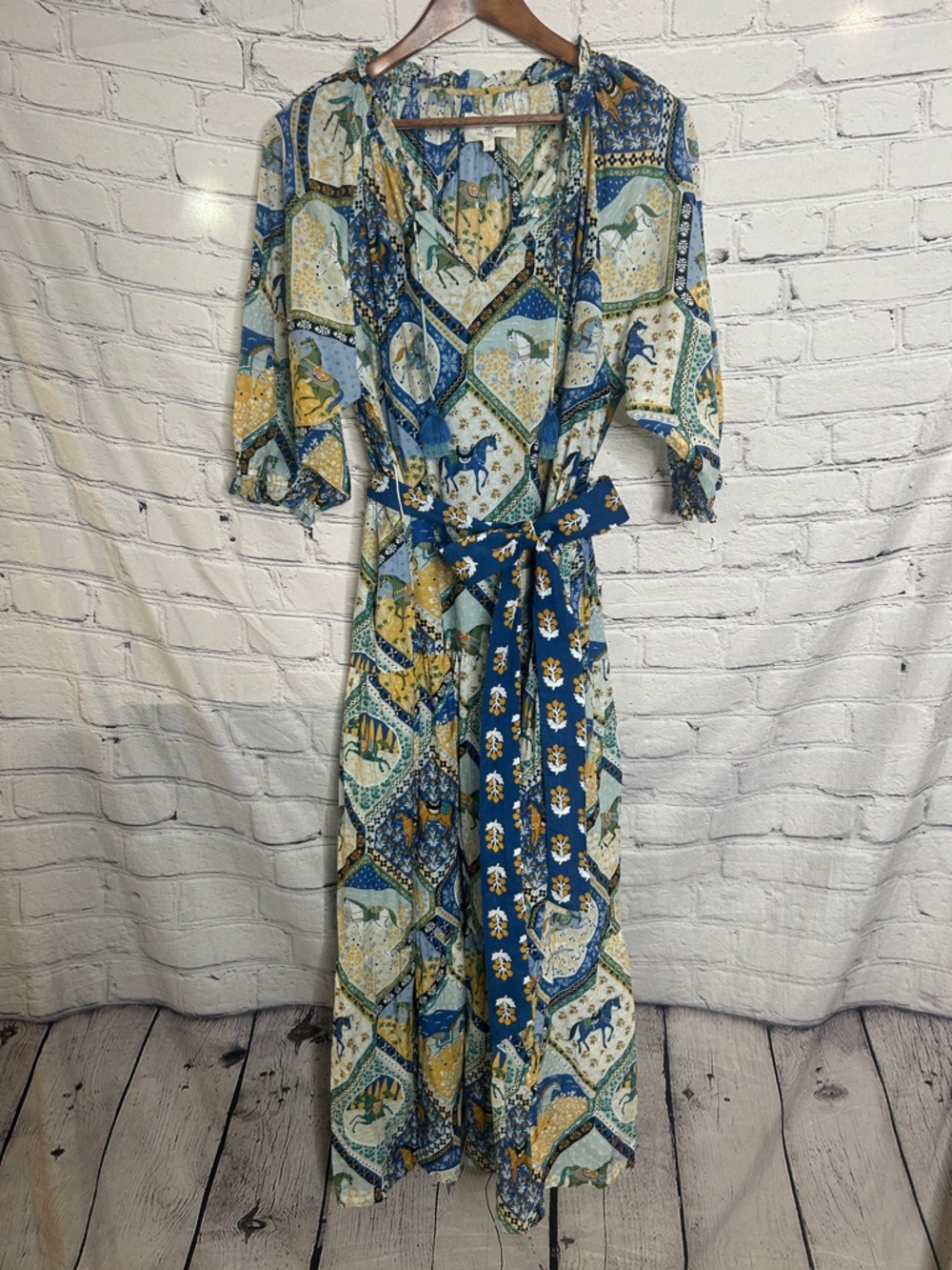 Print Fresh Blue Yellow Patchwork High Horse The Devon Dress Size Large